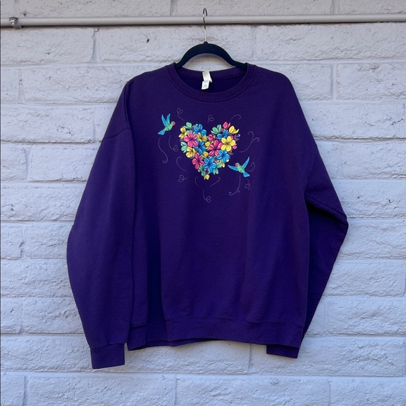 Cottagecore Royal Purple Sweatshirt with Floral Heart & Hummingbird Design - Picture 1 of 5